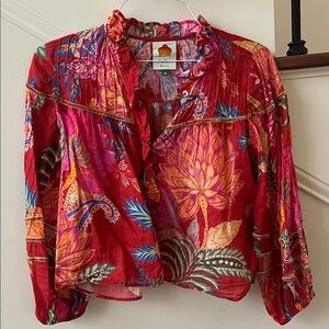 FARM Rio Red Floral Ruffled Boho Blouse